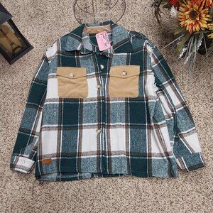 3681 Size Medium Simply Southern Shacket in Green Plaid with Corduroy Pockets